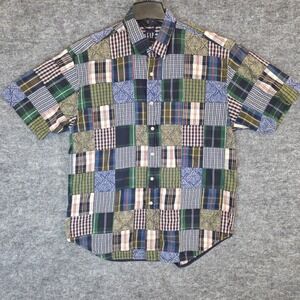 Vintage GAP Shirt Mens Large‎ Green Patchwork Madras Short Sleeve Button Up 90s